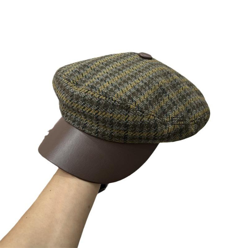 Woolen Herringbone Leather Brim Newsboy Hat Women's Autumn and Winter New British Retro Thermal Celebrity Style Cap