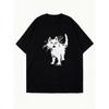 Oversized T Shirt Black Cat Graphic Print For Casual Wear