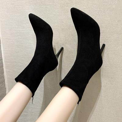 Модные сексуальные остроносые туфли на шпильке botas mujer 2024 модные замшевые сапоги до середины икры на высоком каблуке для верховой езды женские эластичные сапоги на молнии сзади для мотоциклистов