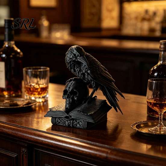 Spooky Halloween Desk Figure Black Raven Skull Statue, 3D Printed Gothic Crow Figurine for Dark Culture Gift Him Shelf, Art Collectible Sculpture