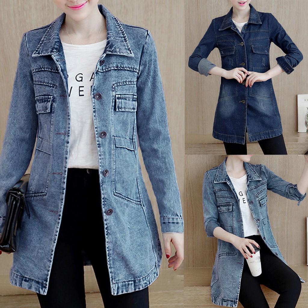 Plus Size Fashion Lapel Women Casual Denim Buttons Vintage Jeans Jacket Cardigan