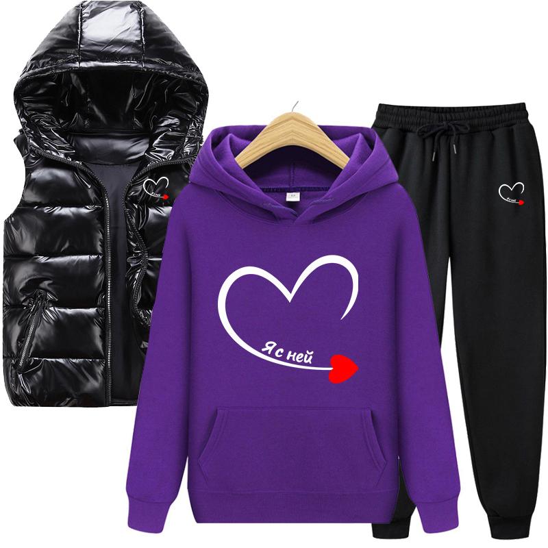 Горячая весна и осень, однотонная толстовка с принтом, комплект из 3 предметов: толстовка для пары + жилет + брюки, спортивная одежда
