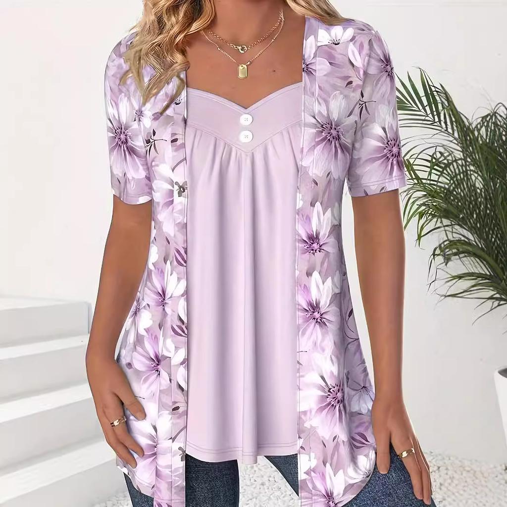 Large Sizes Women T Shirts Summer Fashion Casual Fake Two Piece Short Sleeve Loose Flower Print Patchwork Shirts Plus Size Tops