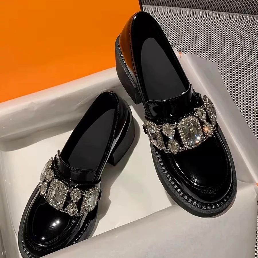 Туфли-лоферы на высокой платформе с круглым носком, женские, 2025, новая ниша, высокий каблук, толстый каблук, одинарные туфли JK, британские лоферы со стразами