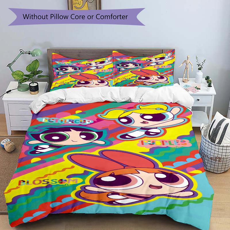 Powerpuff Girls Adventure Print 3Pcs Bedding Setduvet Cover With 2 Bedropillowcase Home Birthday Gift