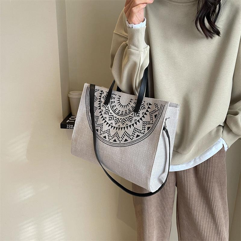 Women's Handbag Professional Commuter Shoulder Printed Canvas Bag Stylish Simple Large Capacity Mommy Tote Bag