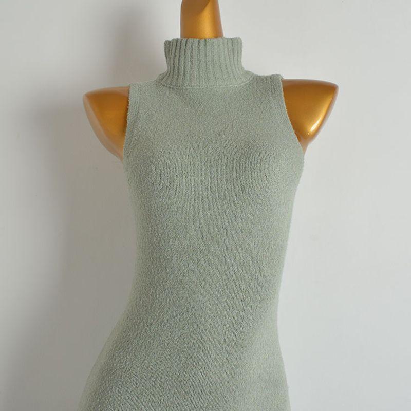 Fashion Style Fall and Winter New High Neck Sleeveless Knitting Dress Women's Tight Waist Slim Looking Overknee Sweater Vest Dress