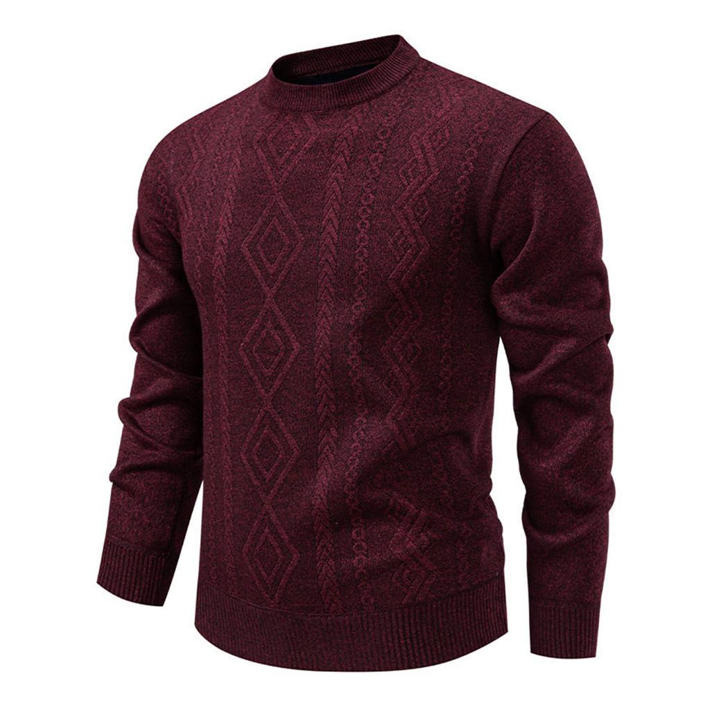 Men's Solid Color Textured Sweater Plus Velvet Thickened Casual Round Neck Warm Knitted Pullover
