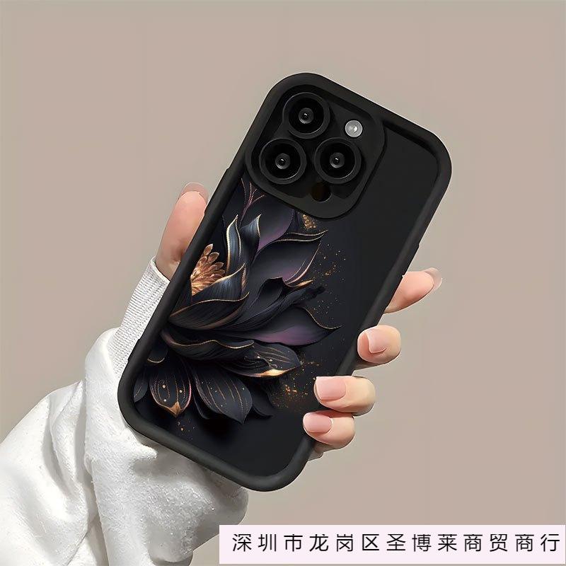 Премиум Черный Золотой Лотос Яблоко 16 Чехол для Мобильного Телефона iPhone15promax Противоударный 13/14 Полностью Покрывающий 11 Креативный XR Мягкий 8