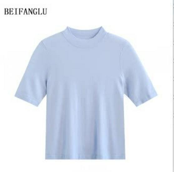 Northern Deer Women's Fine Wool Knit Short Sleeve T-Shirt with Half-High Collar