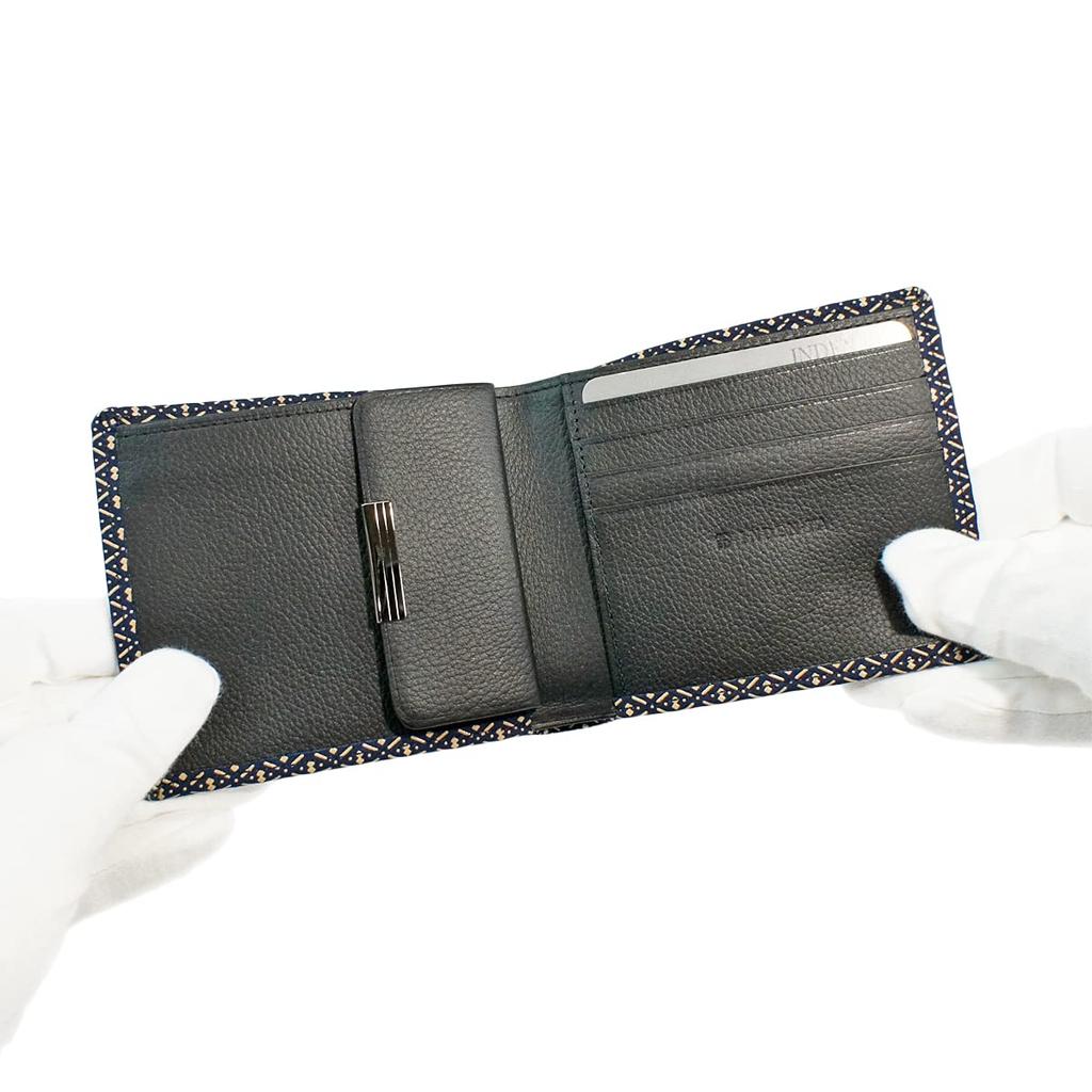 [Inden-ya] Inden Bifold Wallet with Bill Compartment C, Thin Deerskin Leather, Navy Blue with White Lacquer, Gourd Pattern, 2003-14-007