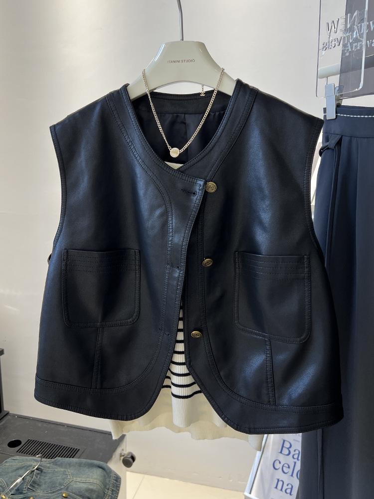 Женский мотоциклетный жилет из искусственной кожи - Короткий жилет без рукавов, 2025 Осень Корейский стиль верхняя одежда