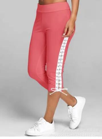 Womens Slim Fit Eyelet Lace Up Capri Leggings Multi Color