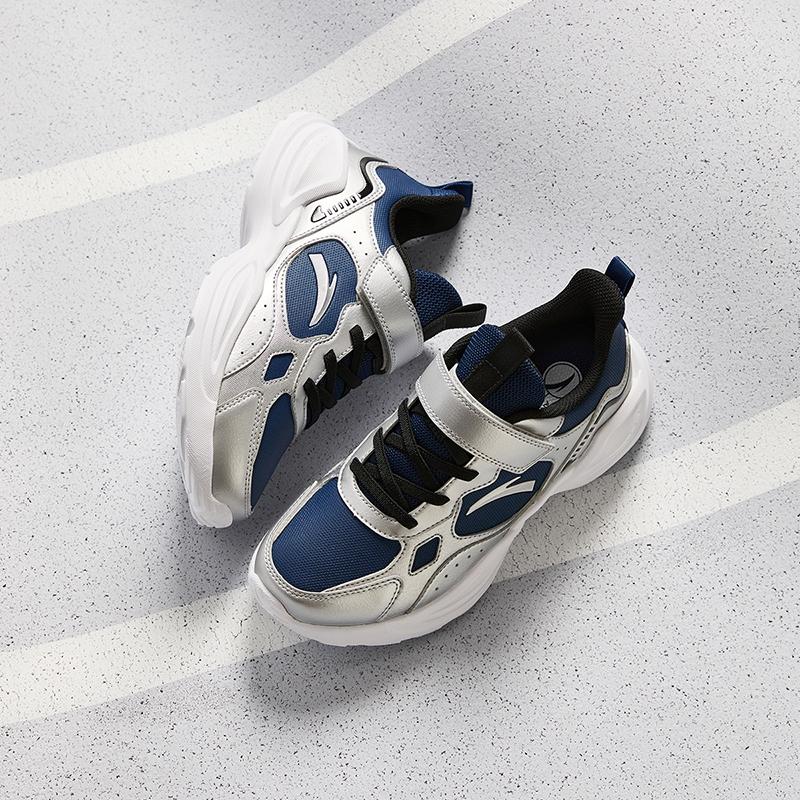 Anta Kids Synthetic Leather Fabric Trendy Versatile Unique Lightweight Shock Absorbing Low Top Running Shoes Kids Sneaker Blue Silver A12445577N-1