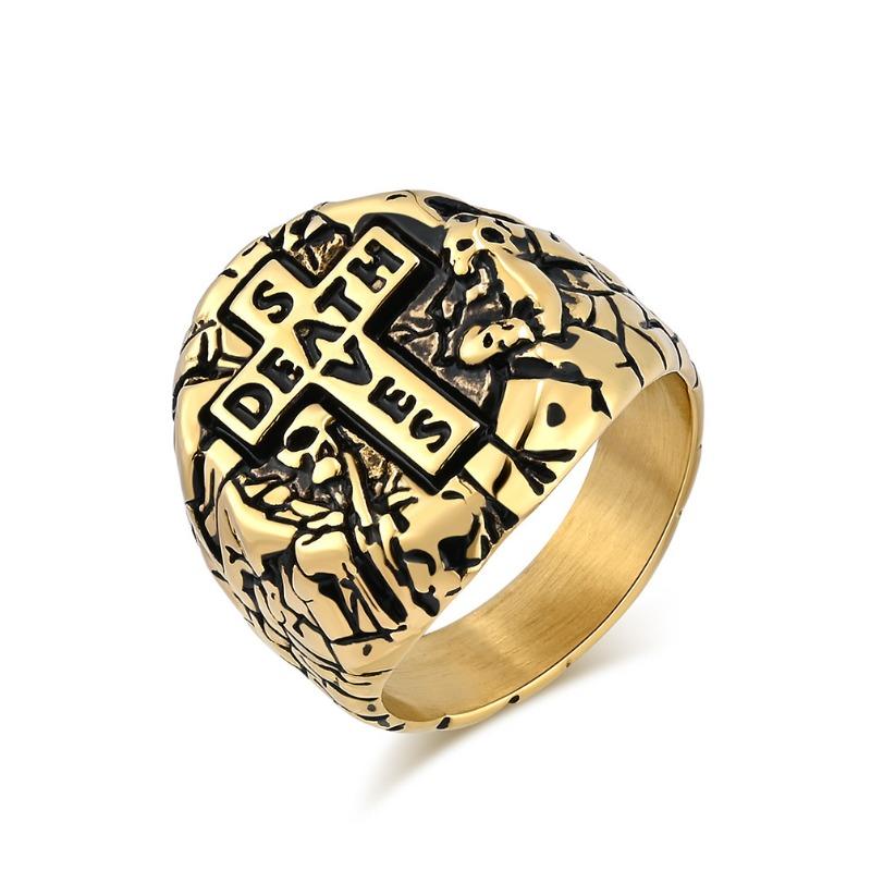 Men's Vintage Cross Titanium Steel Ring Bully Niche Design Stone Pattern Skull Jewellery Gold Rapper Wear Finger Ring