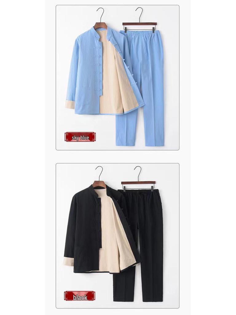 Men's Double-Layer Cotton Linen Tang Suit Set for Autumn/Winter: Zen Meditation & Tea Wear
