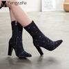 Fashion Pointed Denim Botines Femme 2024 Street High Heels Jeans Boots Women Side Zipper Mid-high Denim Bottes Tassel Chelsea Booties