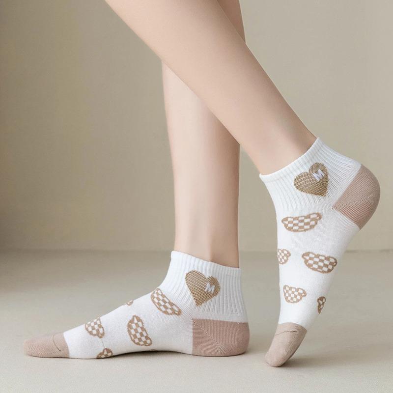 5 Pairs/Lot Socks Women's Short Ankle Low Cut No-Show Foot Cute Bear Hearts Print Cotton Breathable Set Casual Retro