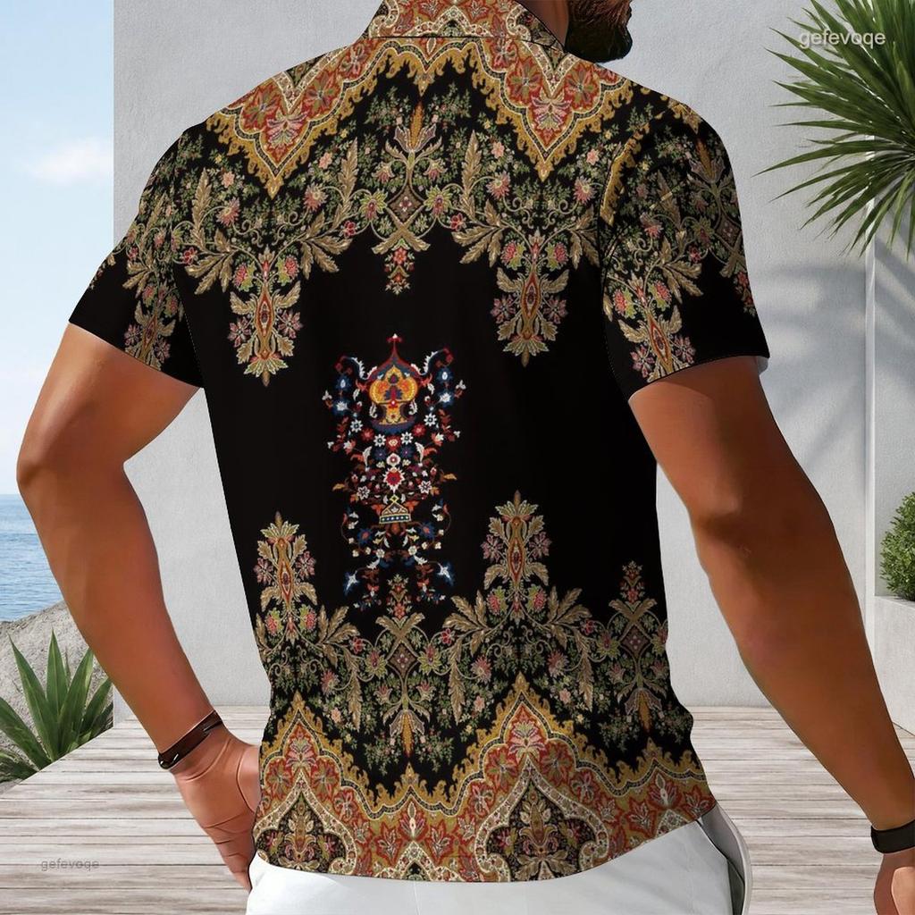 Men Plus Size Short Sleeve Quarter Zip Collared Polo Shirt Black White Printed