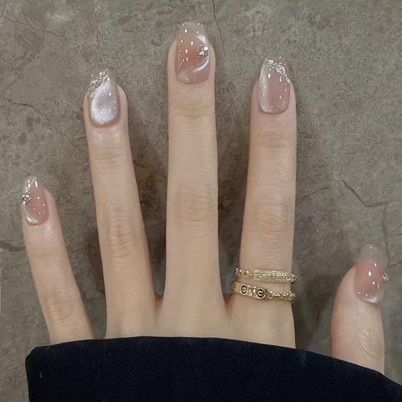 24 Pcs Wine Red Square Press On Nails With 3D Rhinestone Design Fake Nails