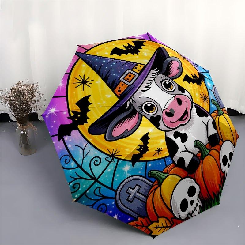 Halloween Cow with Witch Hat Stained Glass Window DecalUmbrella with Cute Design,Portable 3-Fold Compact Umbrella for Men&Women,Valentine's