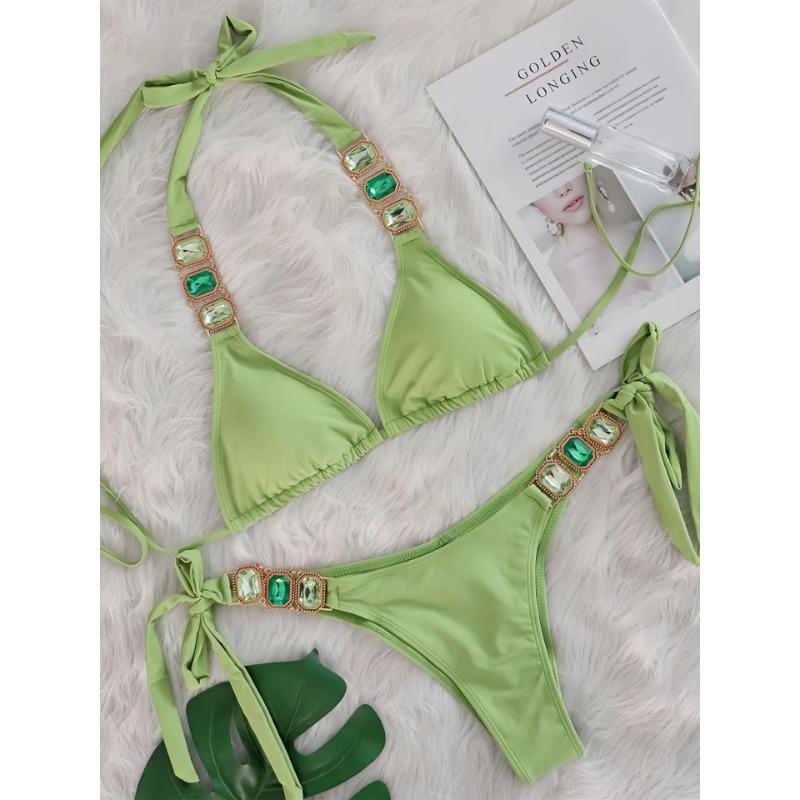 Сексуальный комплект бикини со стразами Женский 2025 Роскошный розовый с кристаллами и бриллиантами Пуш-ап Бандажный купальник стринги Пляжный купальник Купальник