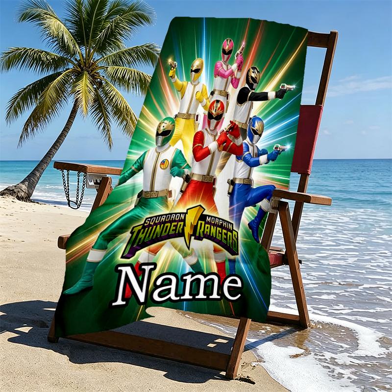 Custom Name Personalized Mighty Morphin Power Rangers Print Beach Towel, for Trip Camping Beach Party Home Decor, Birthday Gift for Family & Friends