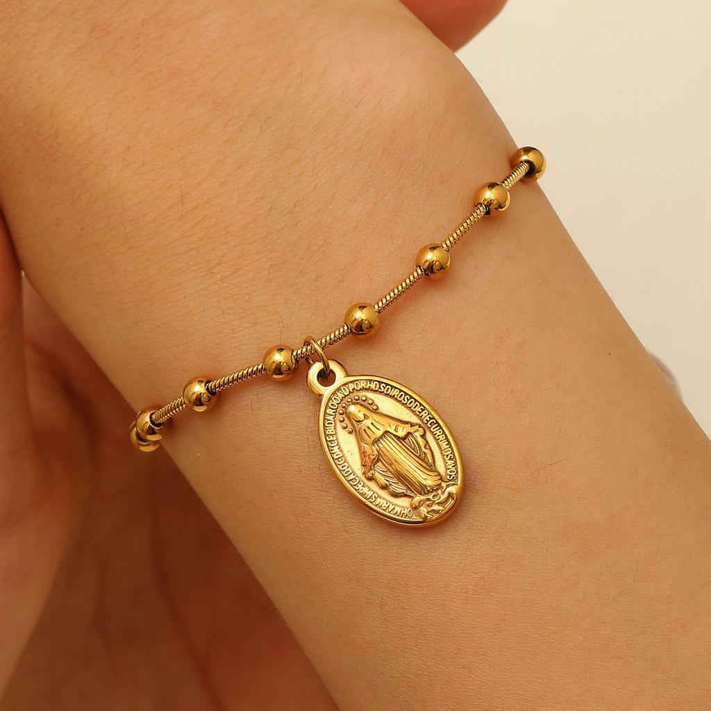 Женский кулон Дева Мария с крестом овальный из нержавеющей стали, цепочка из бусин, женский браслет оптом