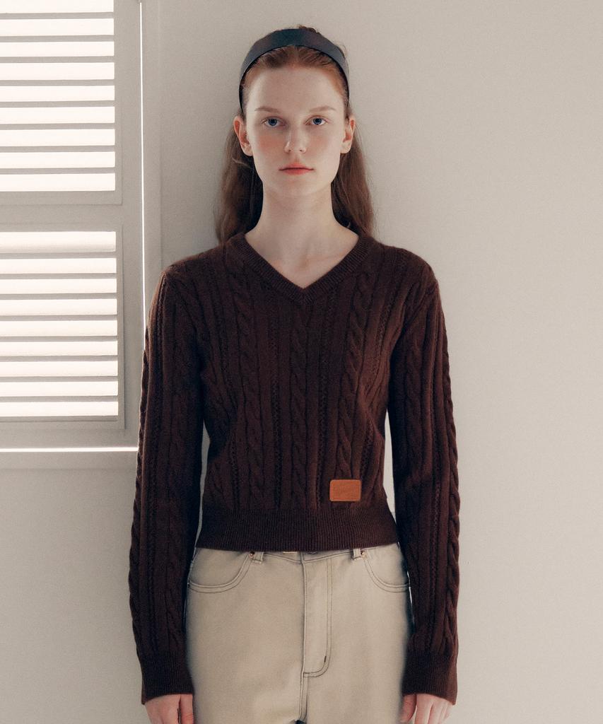 ROLAROLA V Neck Cable Label Knit Brown