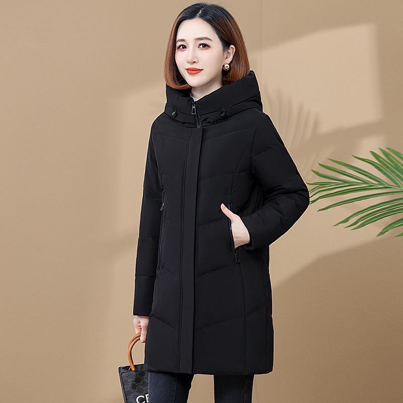 Женский пуховик средней длины из пуха белой утки 2025: Высококачественное приталенное теплое пальто с капюшоном для мам среднего возраста