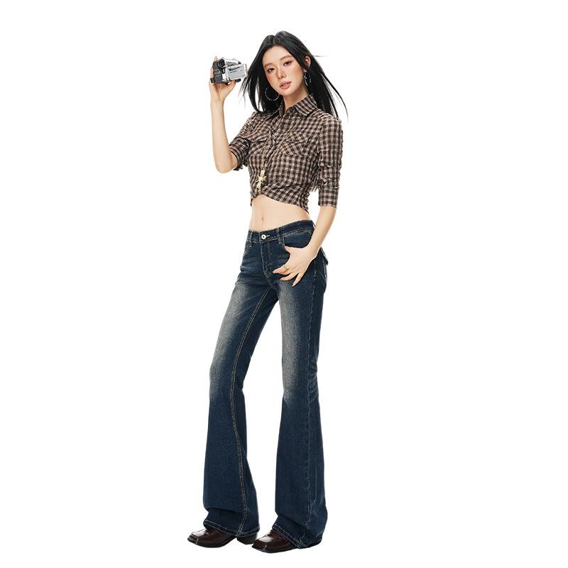 Autumn and winter new medium and low waist elastic retro washed slightly loose horn jeans women thick