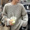 Retro Pullover Twist Sweater for Women's Outerwear Autumn and Winter New Loose Lazy Style Solid Color Crew Neck Knitted Top