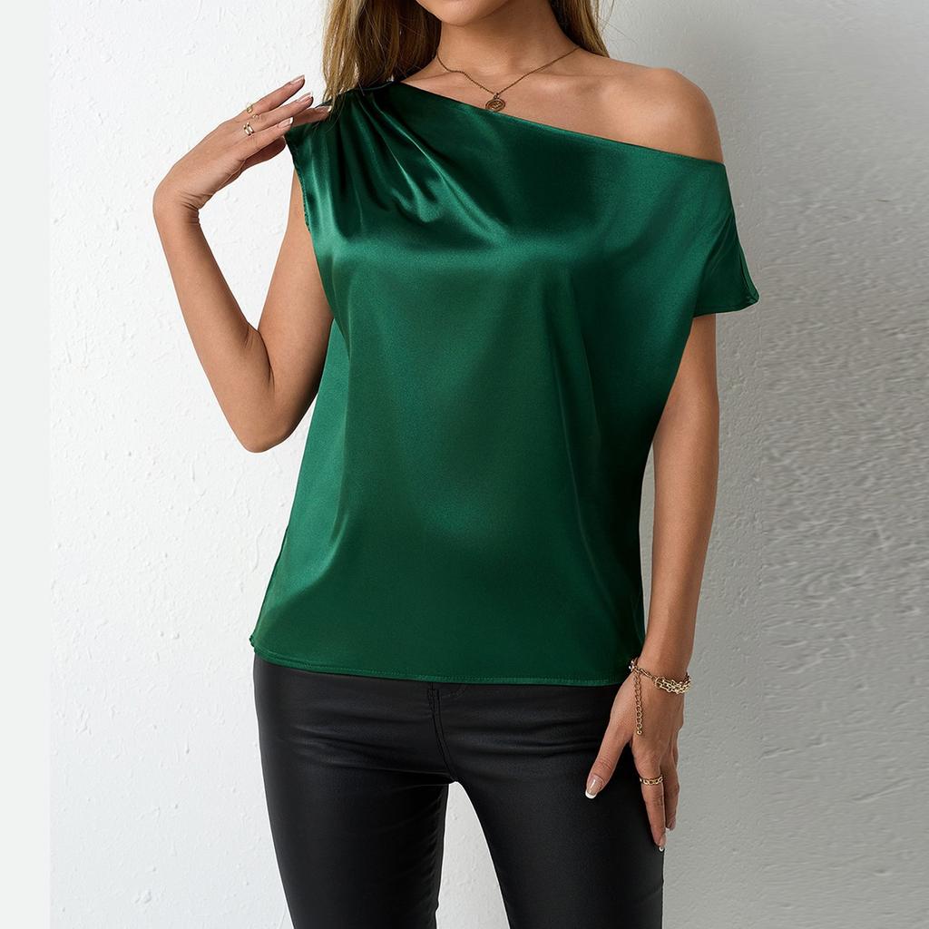 Women's Short Sleeve Shirt Loose Satin Top Embossed Lace V-neck Silk Lined Top