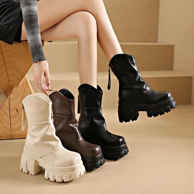 Платформа Увеличение Женские Ботильоны Модные Молнии Сзади Туфли Осень Зима Толстый Каблук Нескользящие Женские Короткие Ботильоны