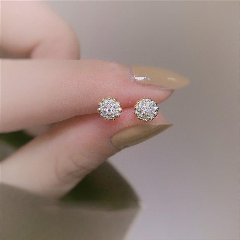 Серьги-гвоздики из стерлингового серебра 925 пробы с корейским подсолнухом и кристаллами, позолоченные 14-каратным золотом, женские, с текстурой, для вечеринок