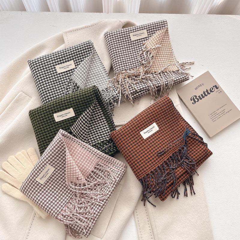 Autumn/Winter New Nordic Simple Thousand Bird Checkered Scarf British Versatile Shawl Double Sided Tassel Plaid Scarf