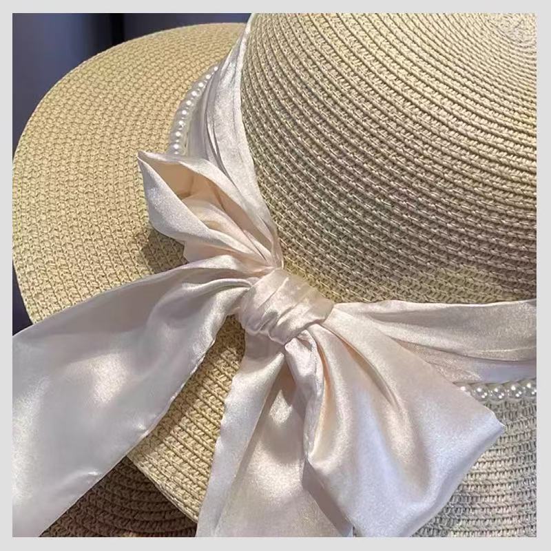 French Elegant Ribbon Bow Pearl Grass Hat Women's Summer Dome Sunscreen Travel Shade Versatile Eaves Hat