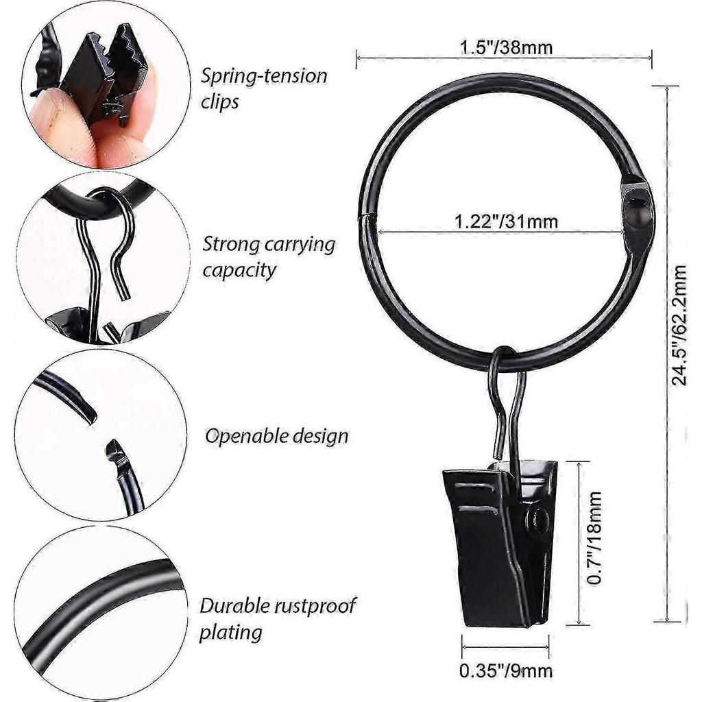 28 Pack Metal Openable Curtain Rings With Clips, 1.5 Inch Interior Diameter
