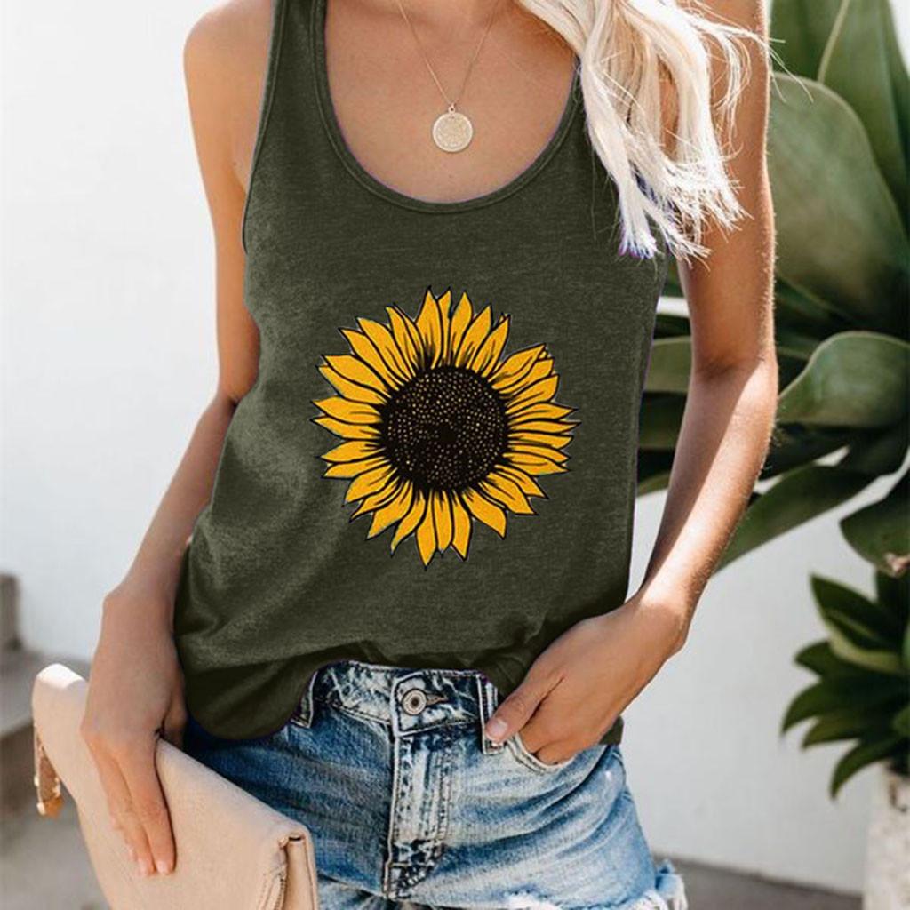 Women Plus Size Summer Sunflower Print Round Neck Sleeveless T-shirt Top Tank