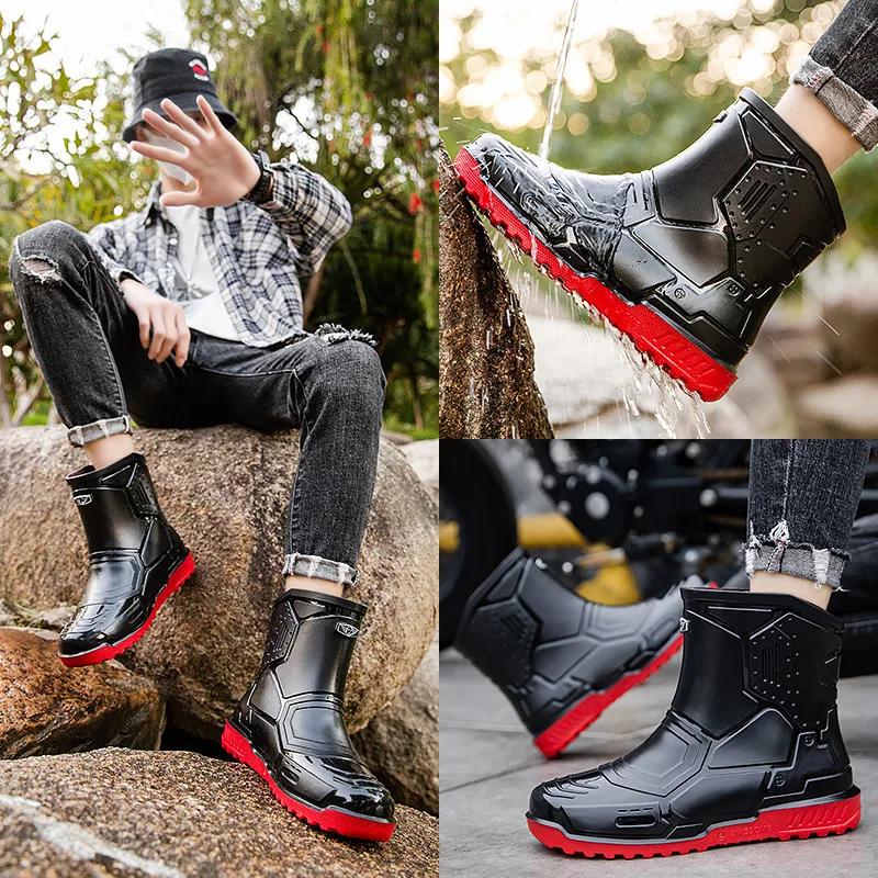 Men's Waterproof Rain Boots Outdoor Solid Color Fishing Boots Fashion Non-slip Waterproof Shoes Solid Color Mid-tube Rain Boots