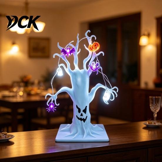 Light Up Ghost Tree for Party Lighted Halloween Spooky Dead Tabletop Decor, Face Haunted Scary Atmosphere Props Bar with Pumpkin Spider LED