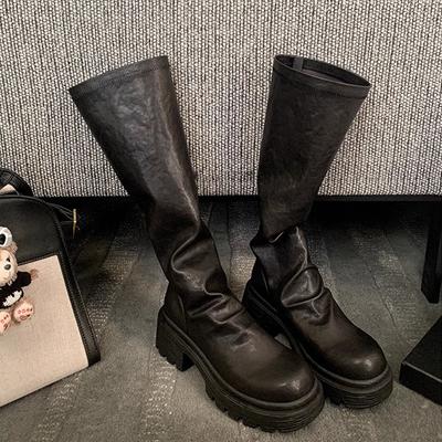 Женские модные ботинки Осень Зима Толстый каблук Шероховатые Эластичные ботинки Корейский стиль Круглый носок Ботинки до середины икры Резиновая подошва