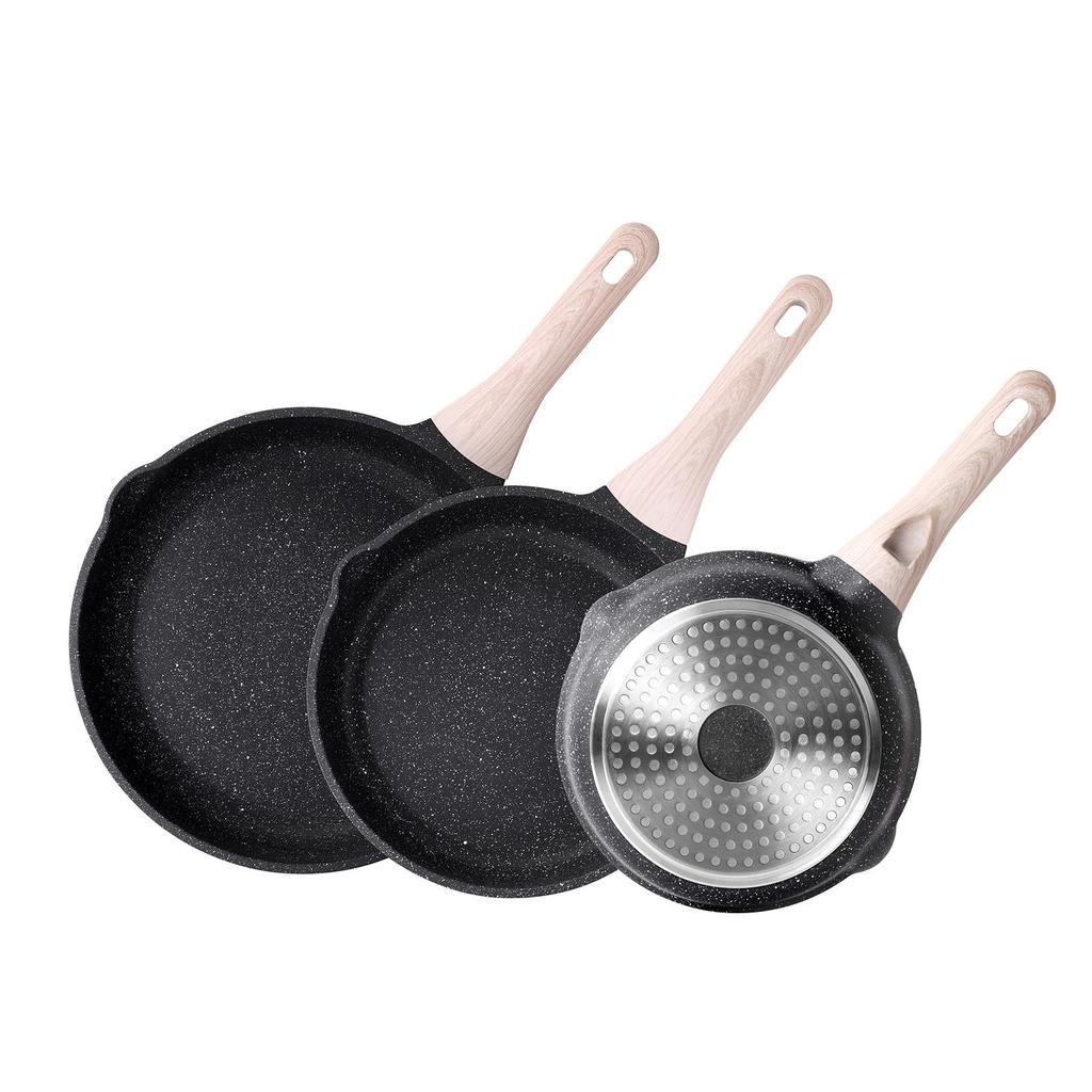 Сковорода с плоским дном и антипригарным покрытием для жарки стейков, омлетов, блинов, завтраков, блюд вок, а также для газовых и индукционных плит.