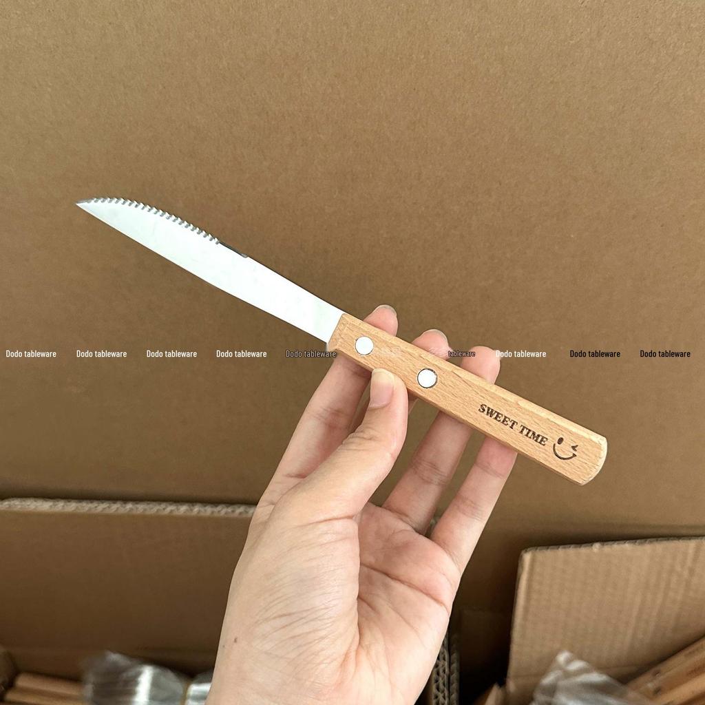 Stainless Steel Cutlery Set with Wood Handles and Smiley Logo - Knife, Fork, Spoon for Desserts and Dining.