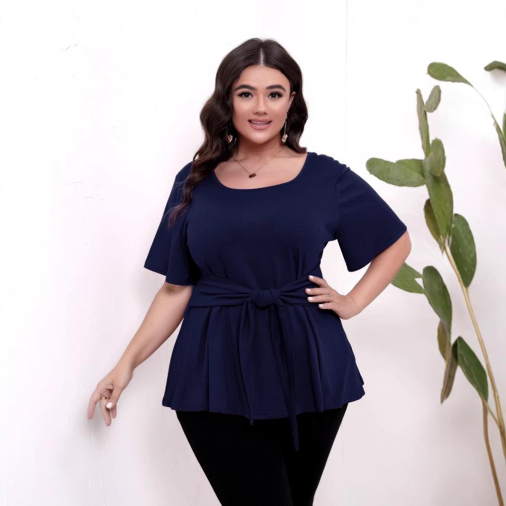 HNXC Женская простая футболка с короткими рукавами, с круглым вырезом, с поясом, облегающая, большого размера