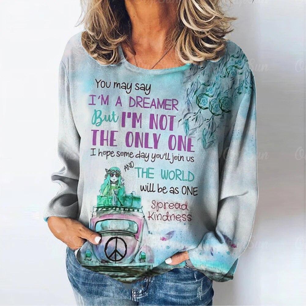 Женская футболка с длинным рукавом, винтажные топы с принтом, повседневные выходные, базовая футболка с круглым вырезом для девочек, женские футболки Y2k, осенняя одежда большого размера