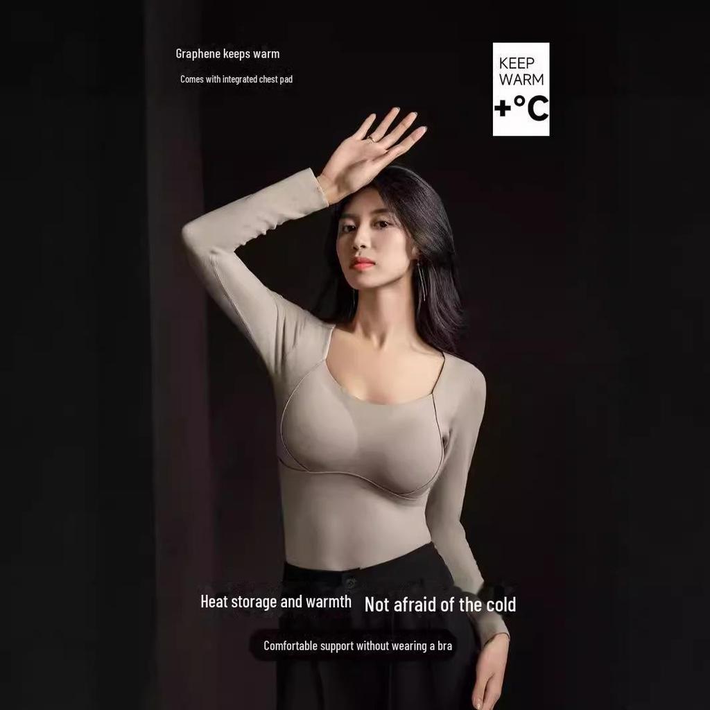 Graphene Long-Sleeve Warm Bottoming Shirt with Chest Pad - Seamless Fixed Cup Inner Top for Women (Autumn/Winter)