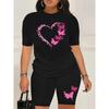 Европейский размер Женский костюм ко Дню святого Валентина с принтом в виде сердца и бабочки - Повседневная черная футболка с коротким рукавом, комфортная посадка(Только верхняя одежда)
