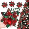 12PCS Artificial Poinsettias Christmas Glitter Flowers with Clips Xmas Tree Flower Ornament Christmas Wreath DIY Home Decoration