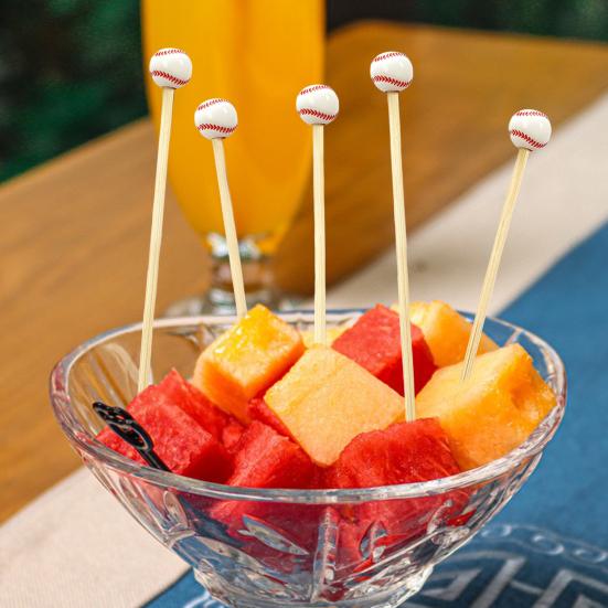 100 шт., бейсбольные бамбуковые палочки для коктейлей, спортивные шампуры с шаровым наконечником, 4,7 дюйма, палочки для закусок для фруктов, сыра, кексов, мясные товары для вечеринок